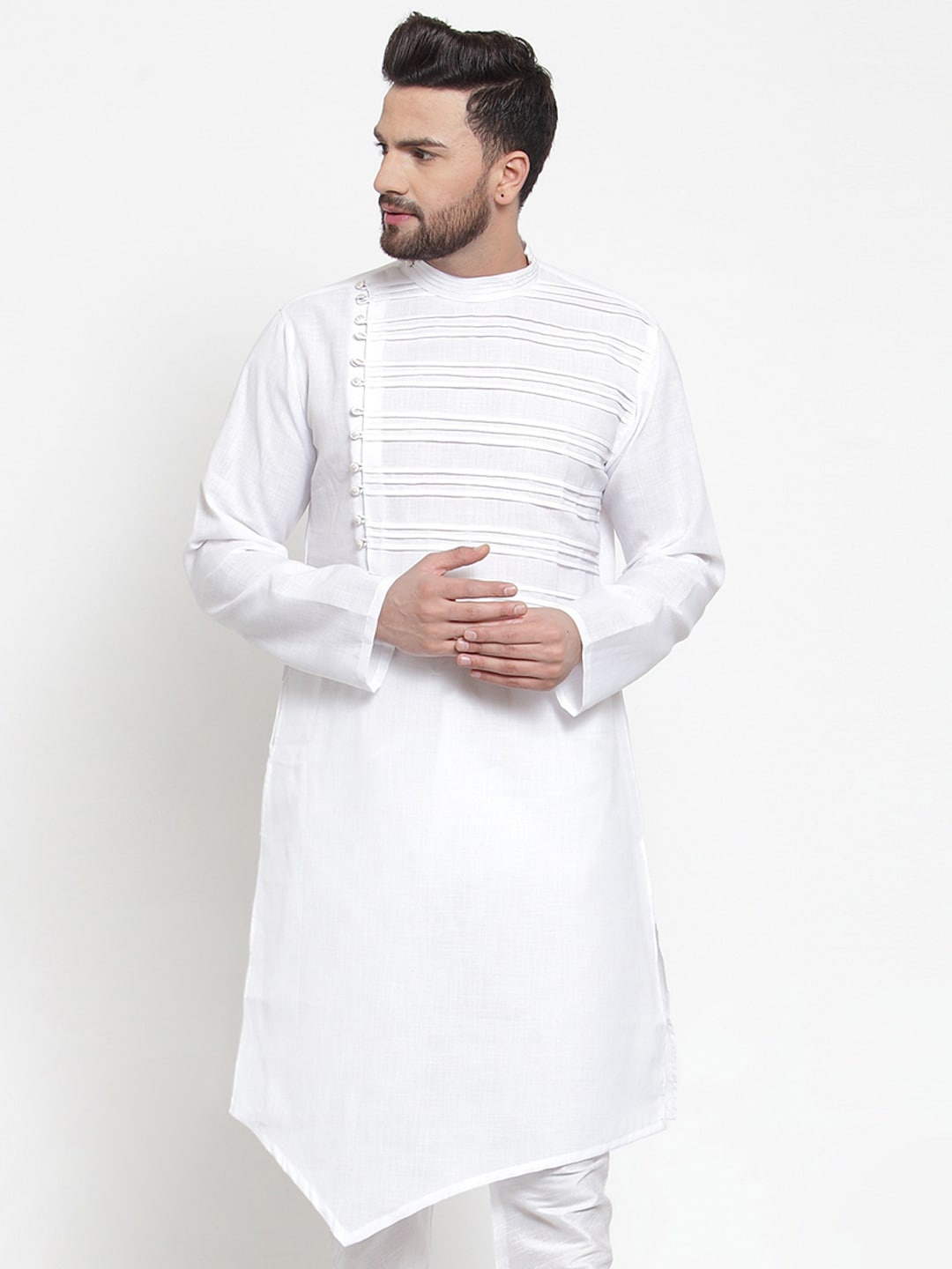 

TREEMODA Mandarin Collar Asymmetric Hem Kurta, White