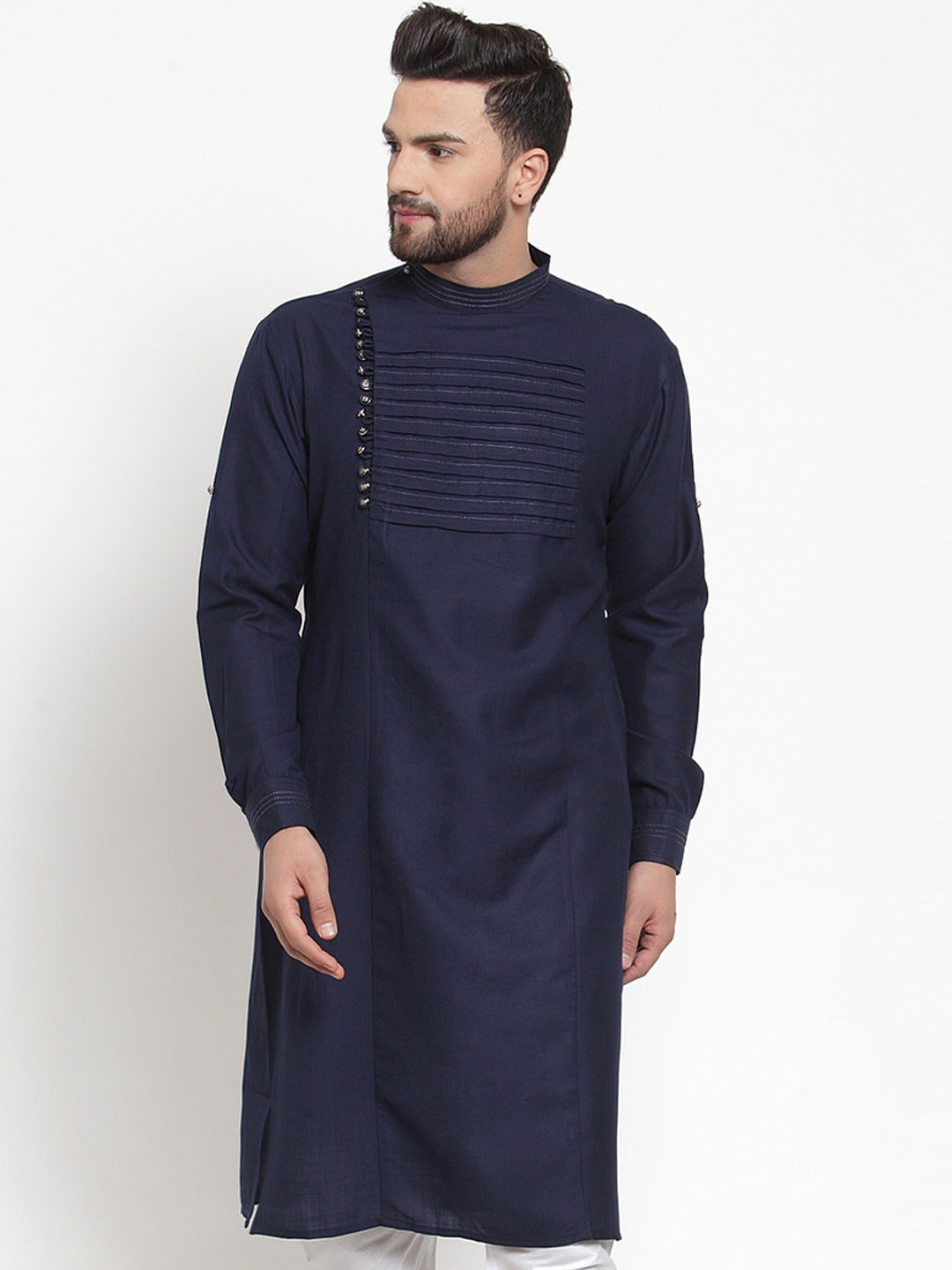 

TREEMODA Mandarin Collar Angrakha Cotton Kurta, Navy blue