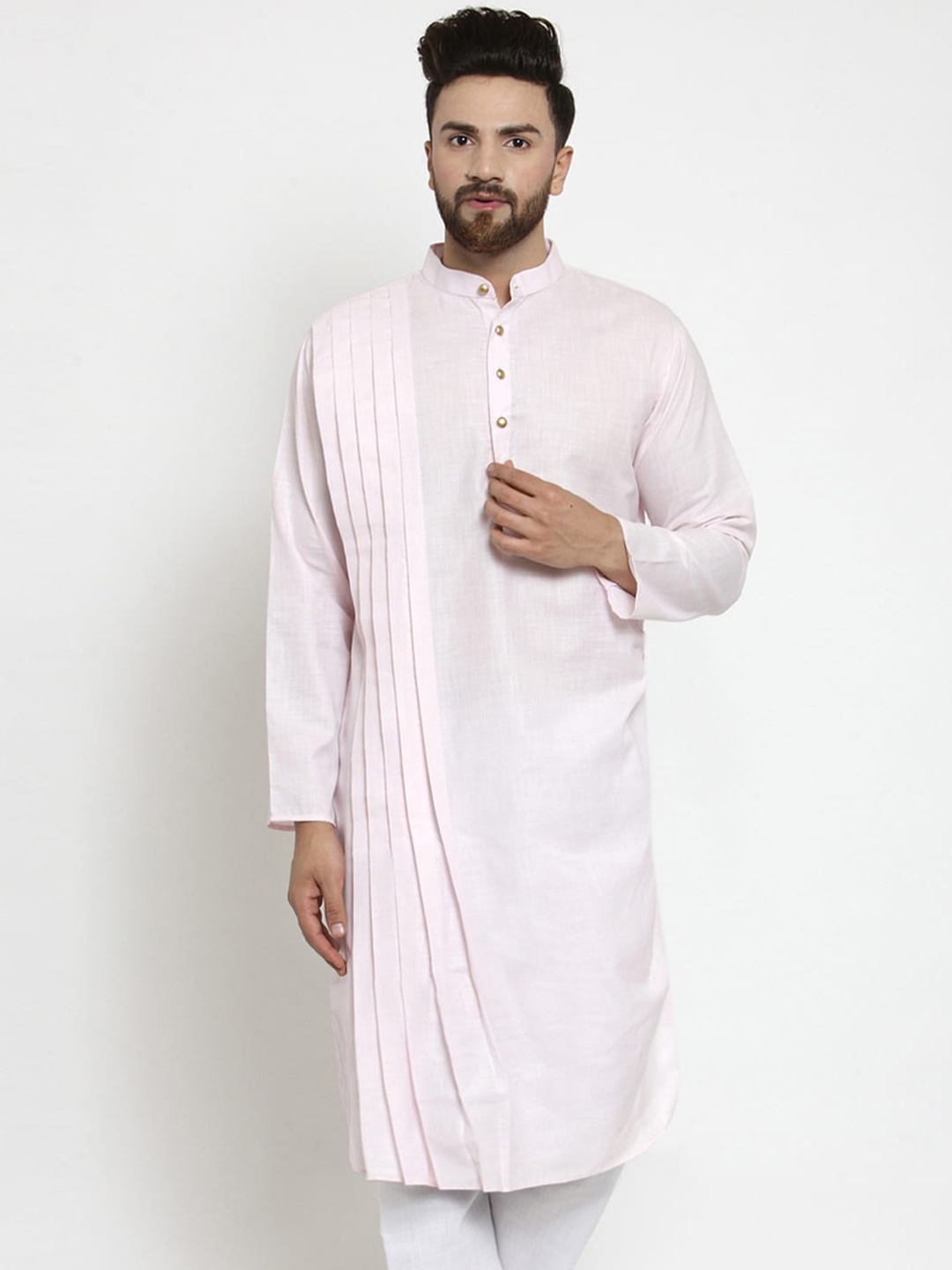 

TREEMODA Mandarin Collar Pleated Asymmetric Cotton Kurta, Pink