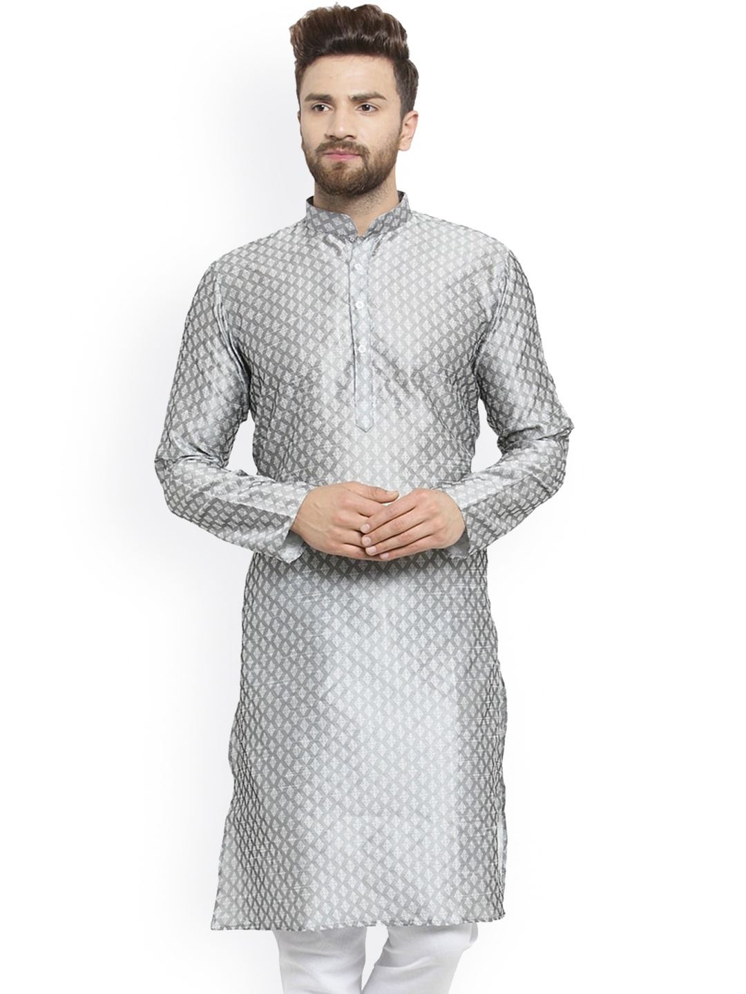 

TREEMODA Mandarin Collar Ethnic Motifs Woven Design Straight Kurta, Grey