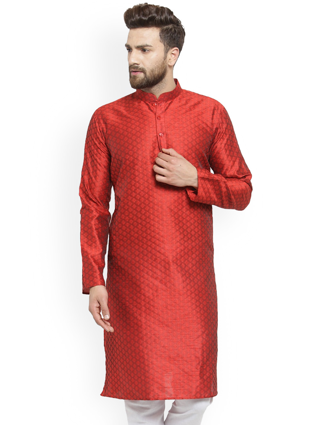 

TREEMODA Ethnic Motifs Woven Design Mandarin Collar Straight Kurta, Red