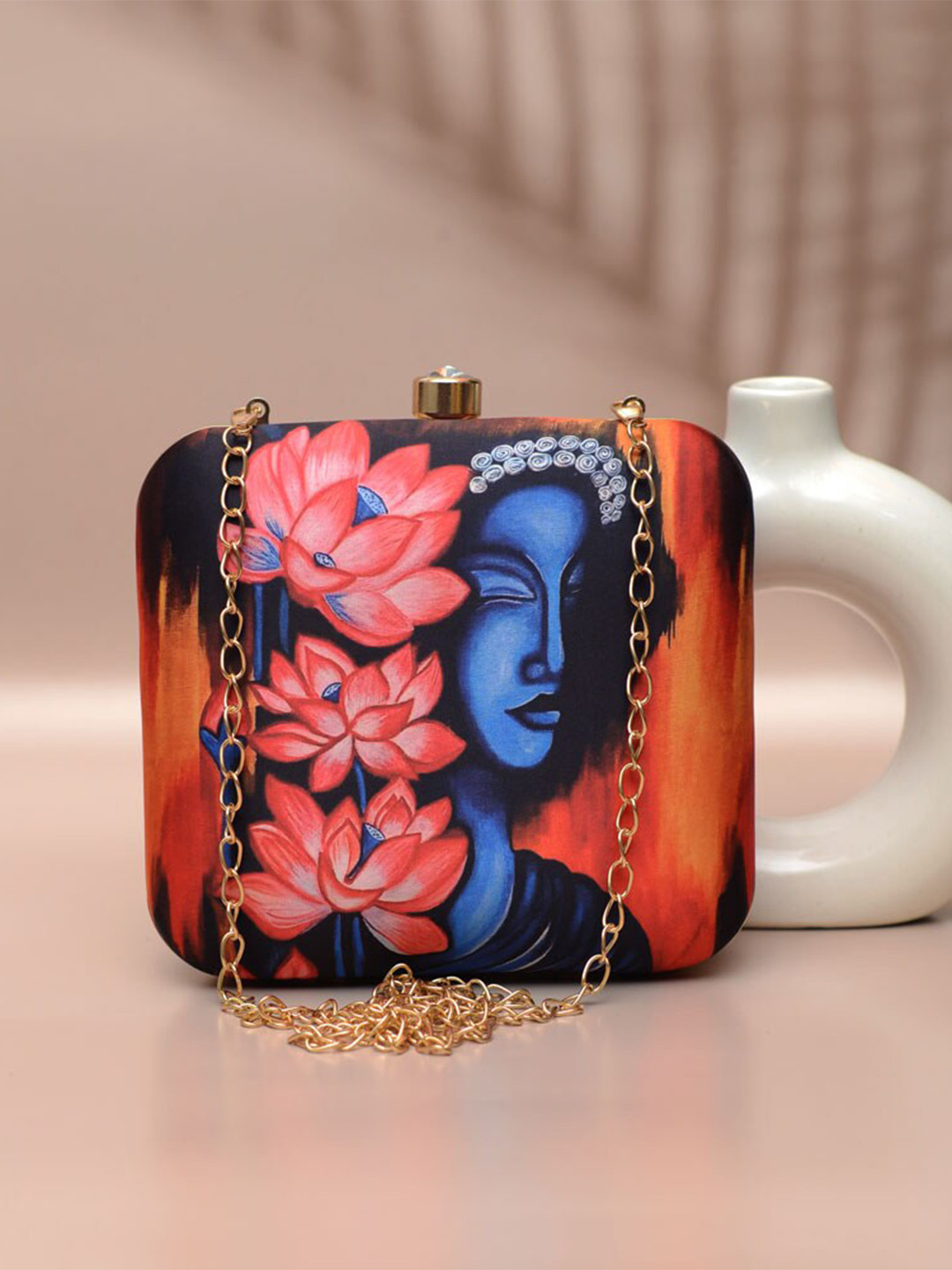 

ARTKLIM Printed Box Clutch With Shoulder Strap, Coral