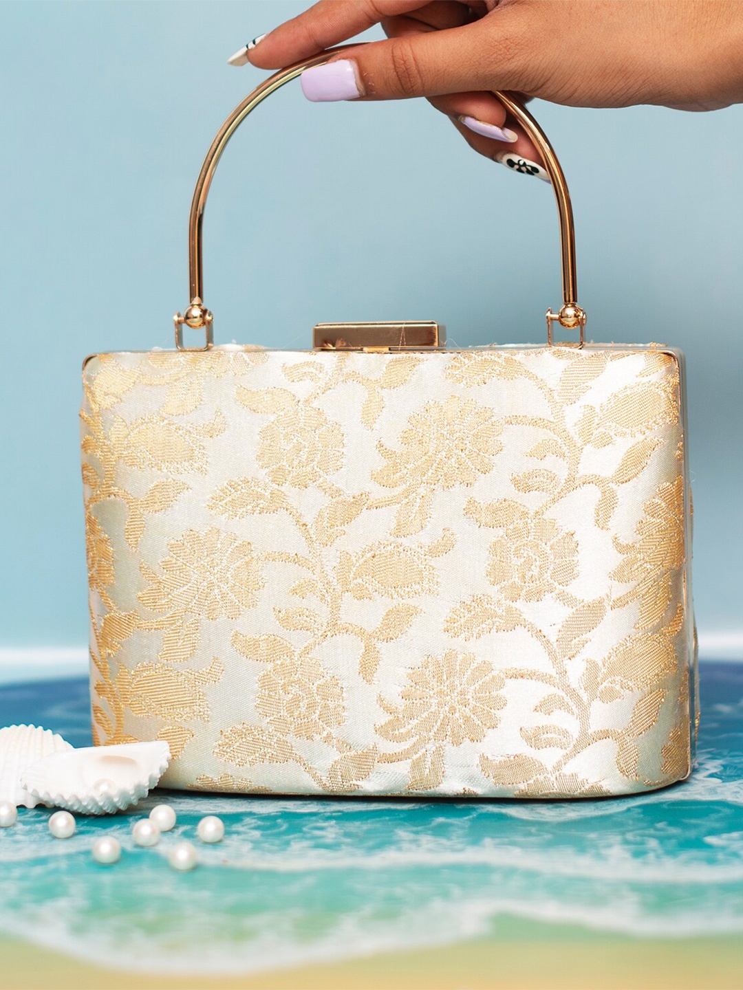 

ARTKLIM Embroidered Box Clutch With Shoulder Strap, Cream