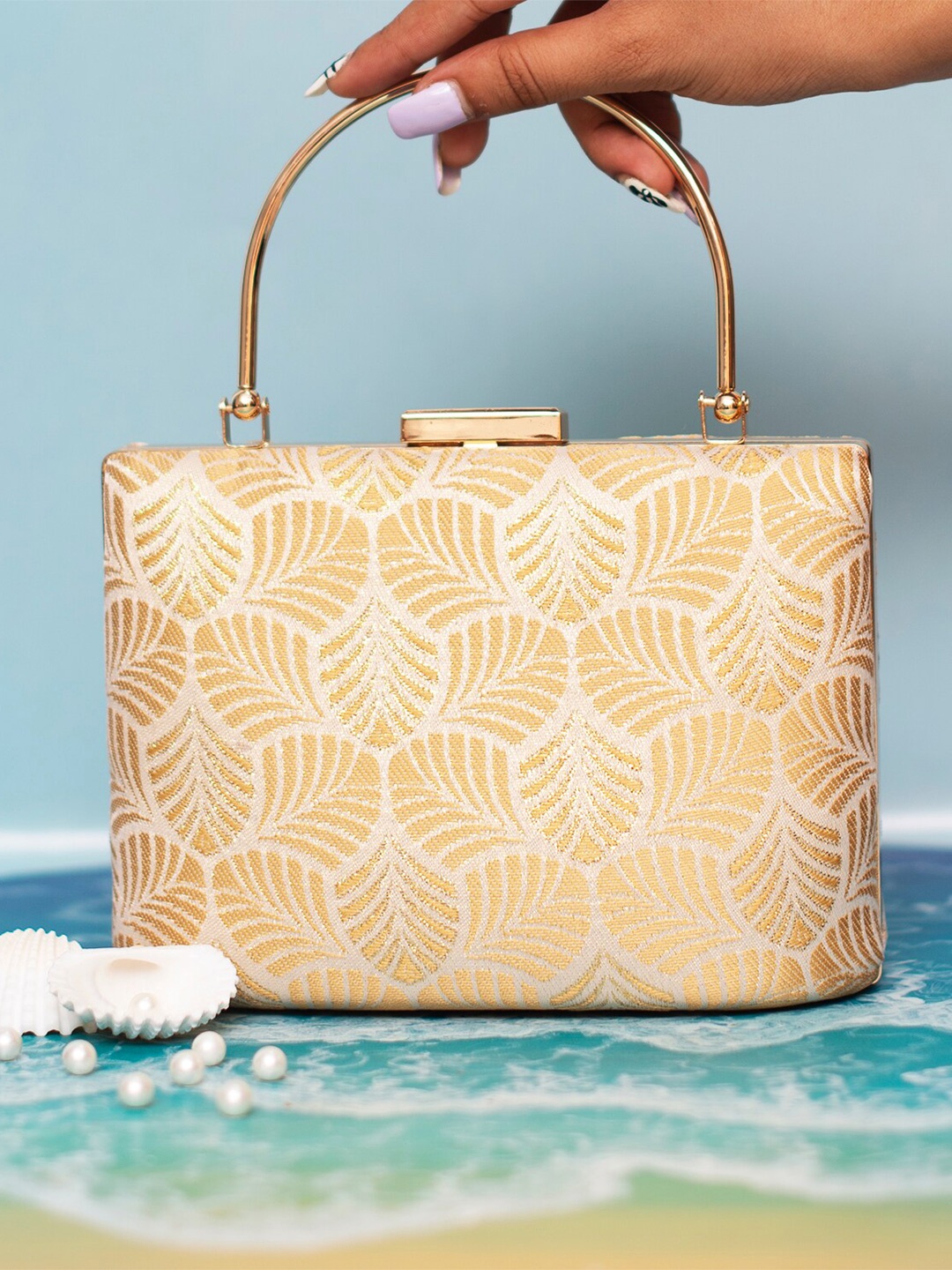 

ARTKLIM Leaf Embroidered Box Clutch, Beige