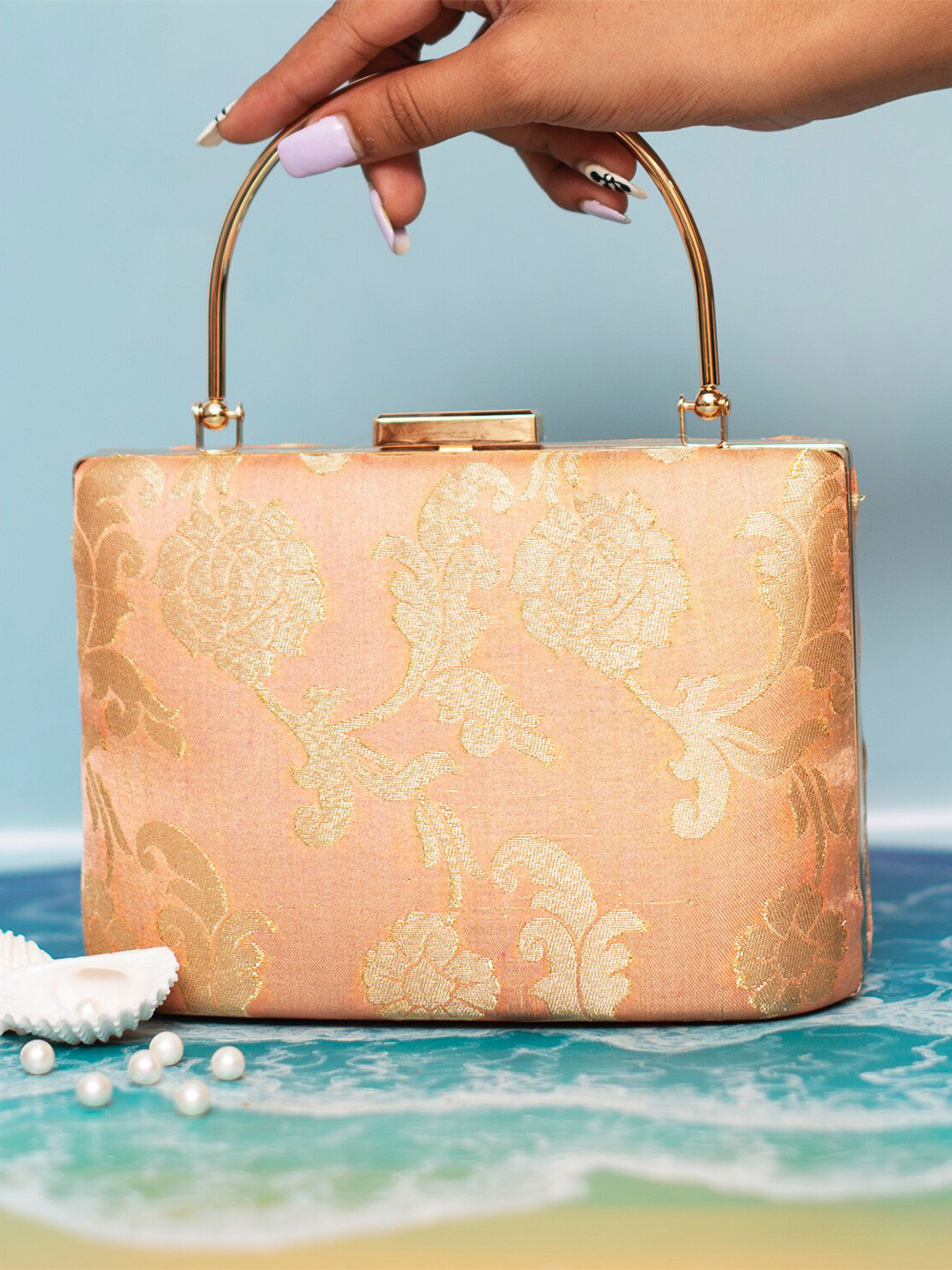 

ARTKLIM Floral Embroidered Box Clutch, Peach