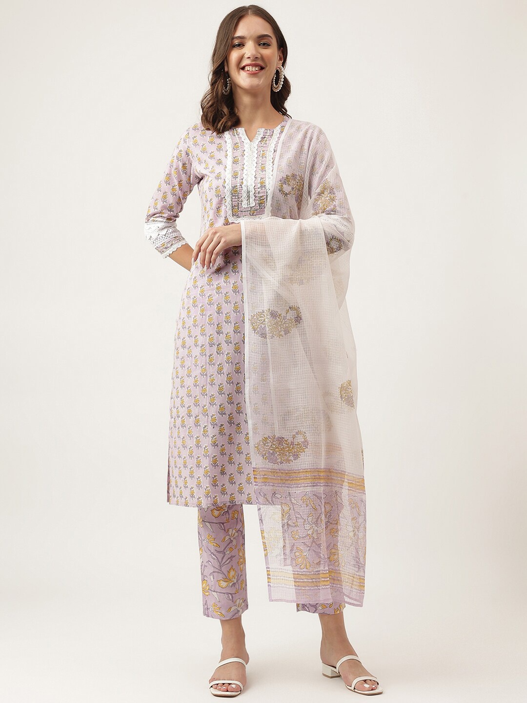 

Divena Floral Printed Lace Inserts Pure Cotton Kurta with Trousers & With Dupatta, Purple