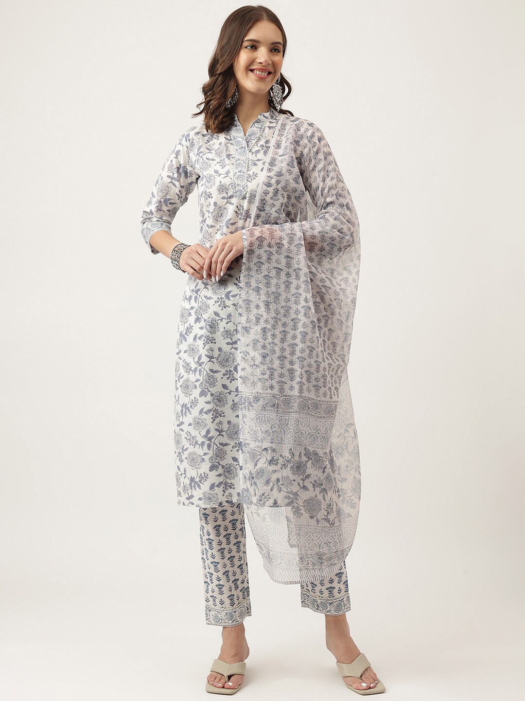 

Divena Ethnic Printed Pure Cotton Kurta with Trousers & With Dupatta, White