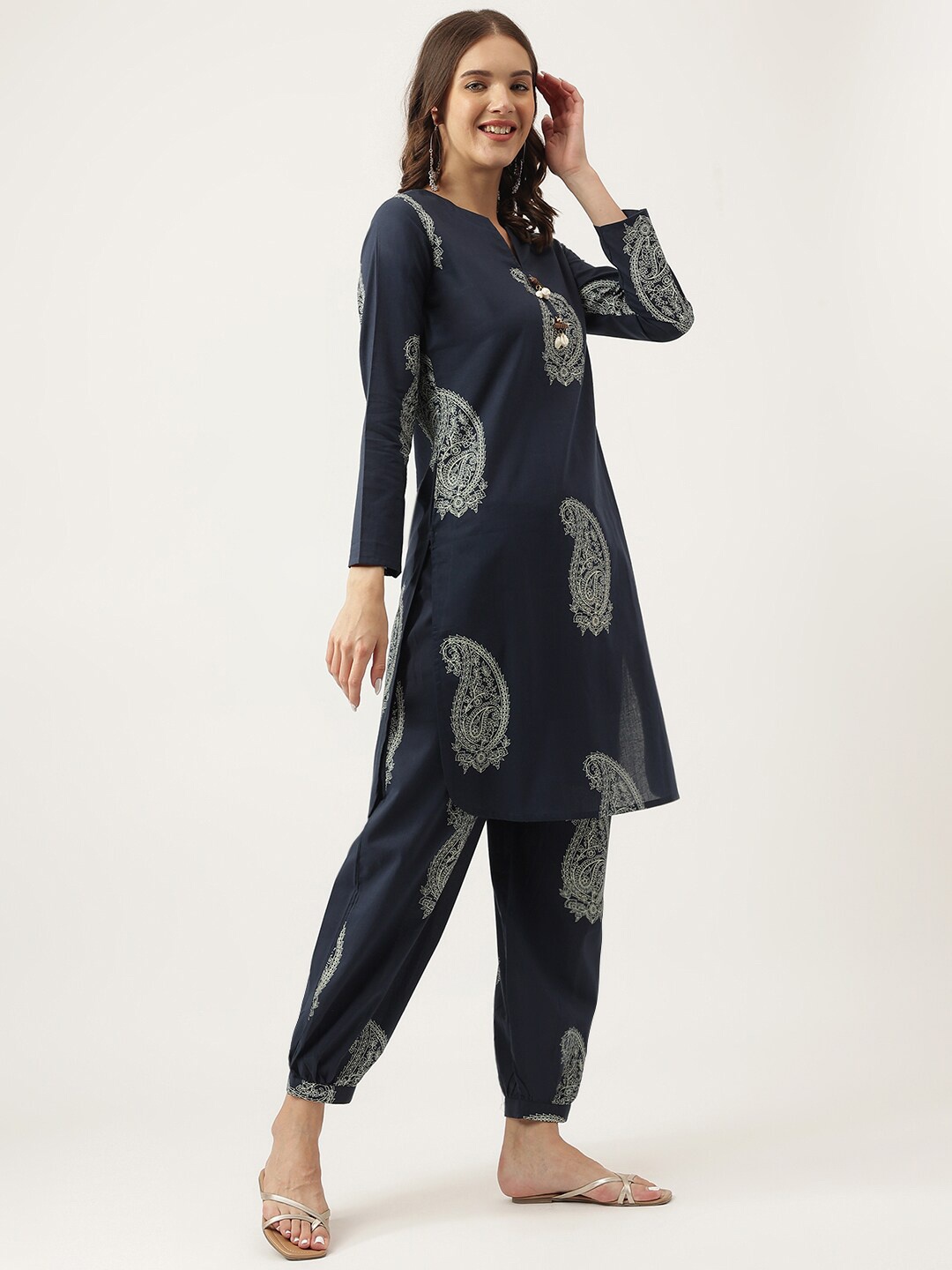 

Divena Paisley Printed Pure Cotton Straight Kurta with Trousers, Navy blue