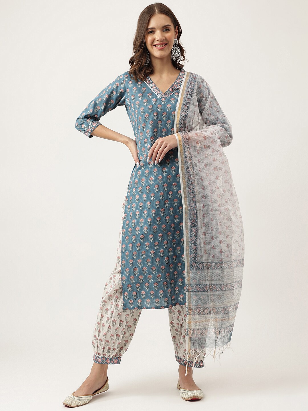 

Divena Floral Printed Sequined V-Neck Pure Cotton Kurta with Salwar & Dupatta, Blue