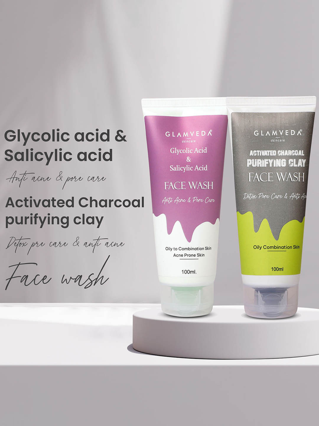 

GLAMVEDA Set Of 2 Salicylic & Activated Charcoal Purifying Clay Face Washes-100ml Each, White