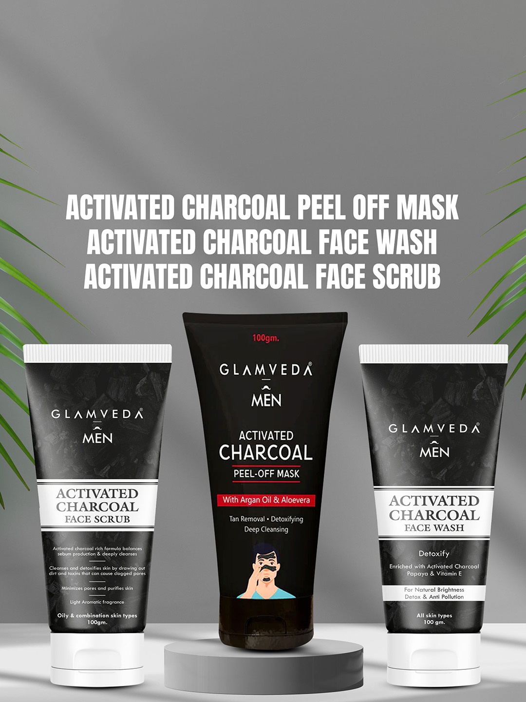 

GLAMVEDA Men Set Of 3 Activated Charcoal Peel Off Mask - Face wash & Scrub For Blackheads, White