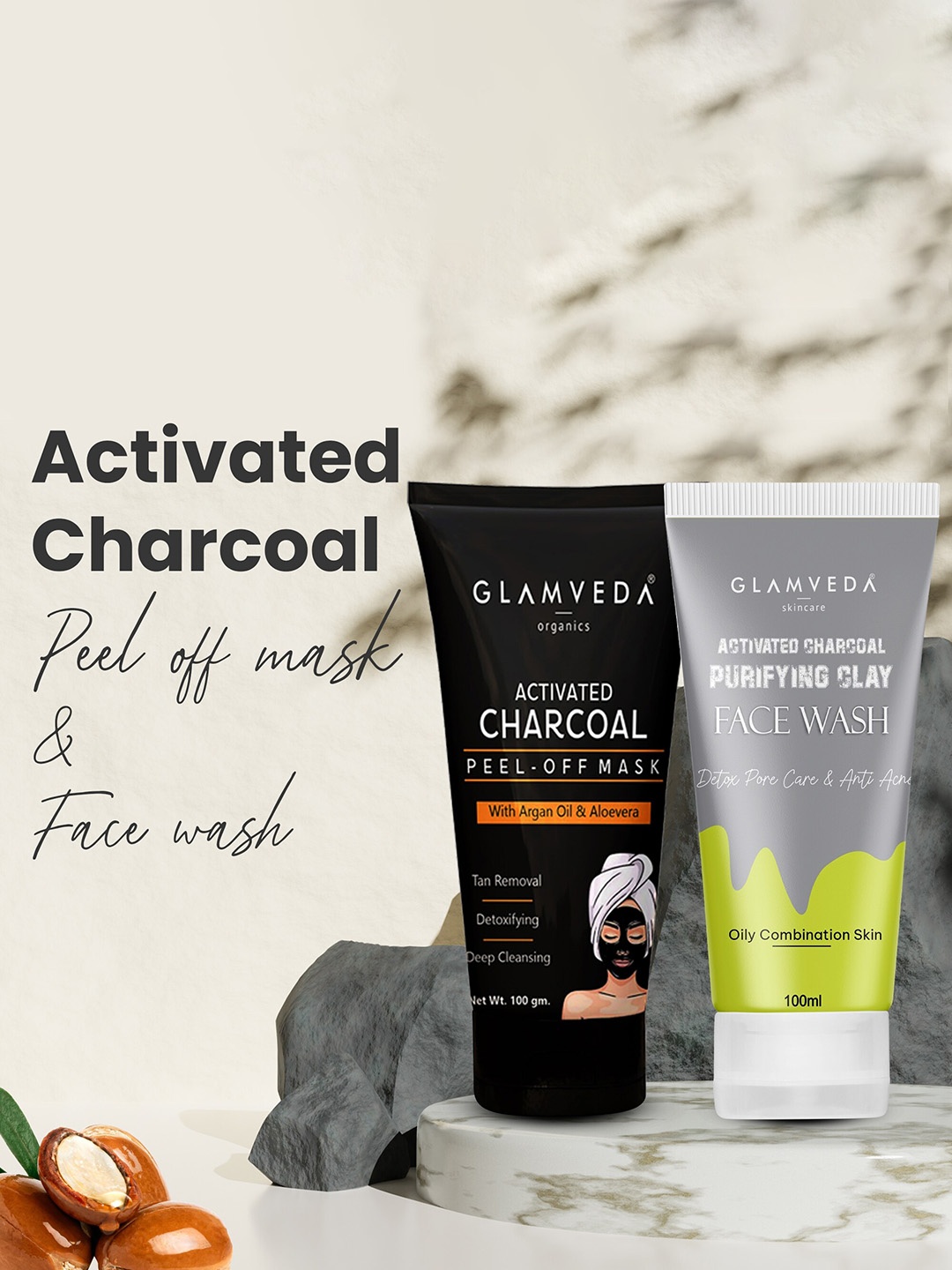 

GLAMVEDA Set of Activated Charcoal Peel Off Mask 100 g + Purifying Clay Face Wash 100 ml, Black