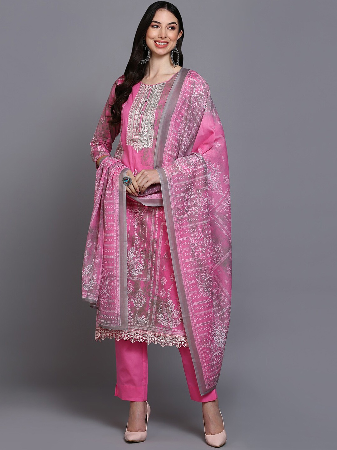 

AHIKA Ethnic Printed Thread Work Pure Cotton Straight Kurta with Trousers & With Dupatta, Pink