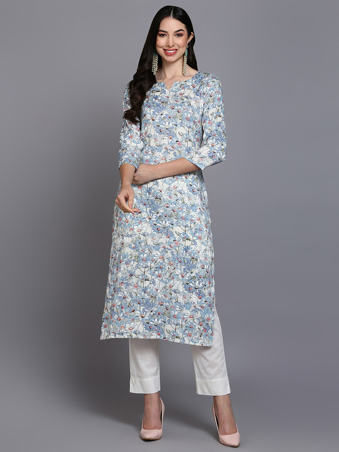 

AHIKA Floral Printed Straight Kurta, Blue