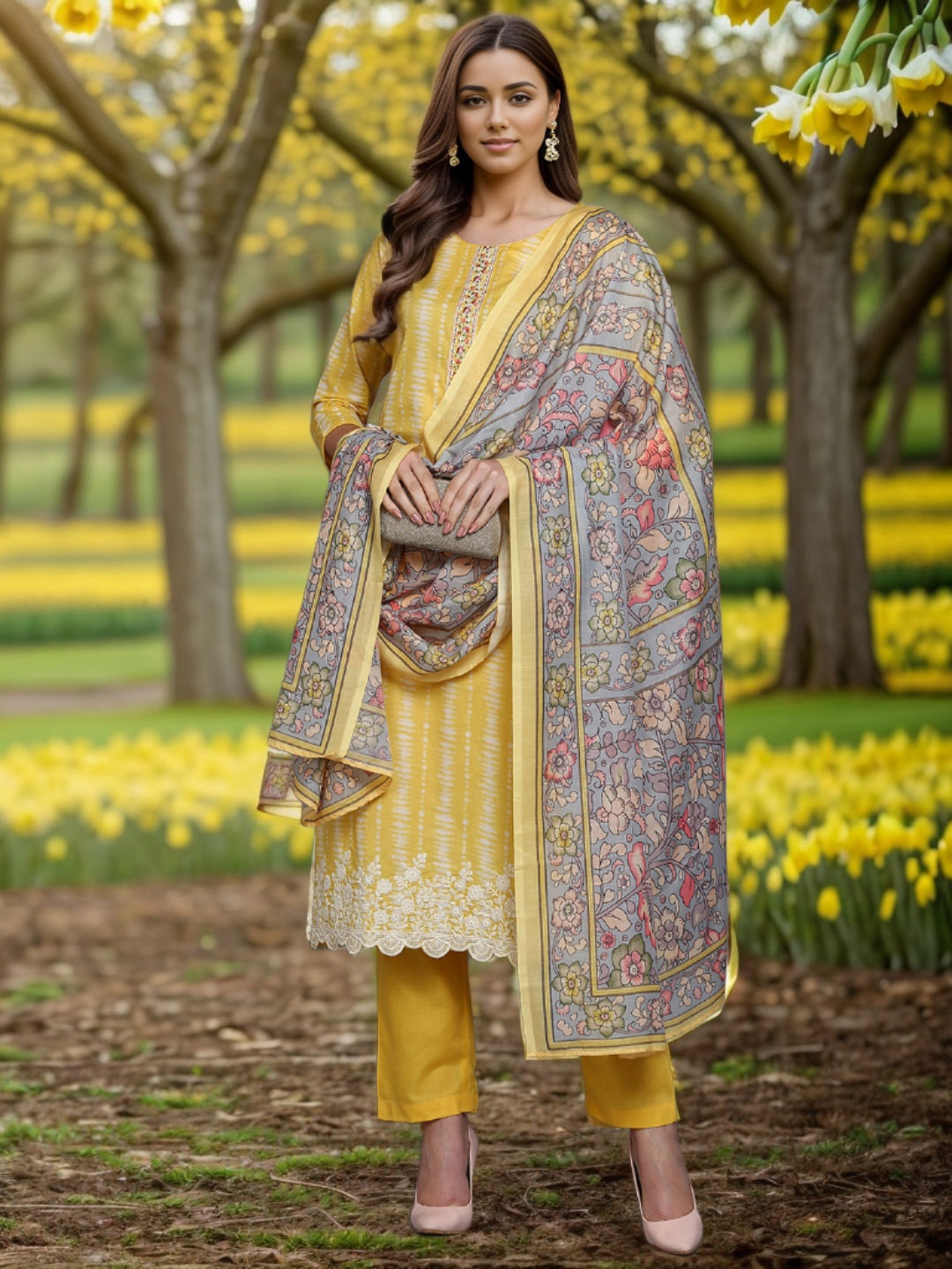 

AHIKA Yellow & White Abstract Printed Kurta & Trousers With Dupatta