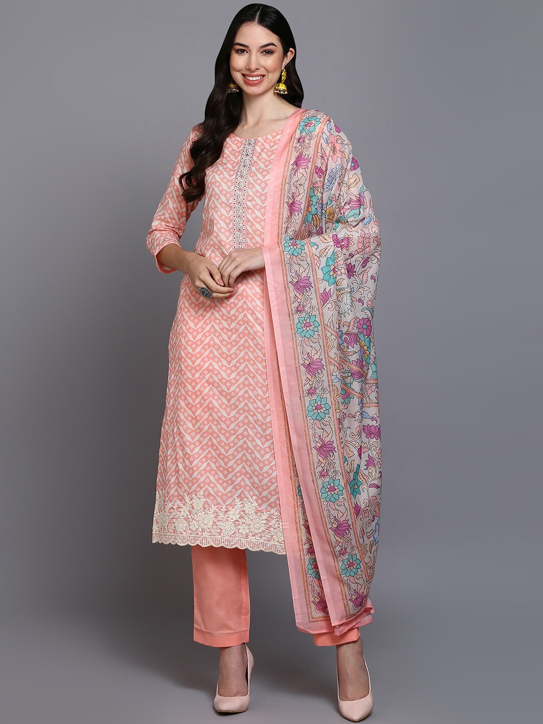 

AHIKA Peach-Coloured Abstract Printed Pure Cotton Kurta With Trousers & Dupatta