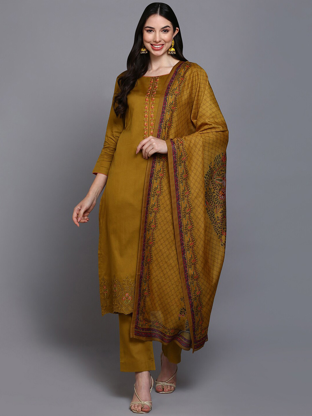 

AHIKA Floral Embroidered Kurta with Trousers & Dupatta, Yellow