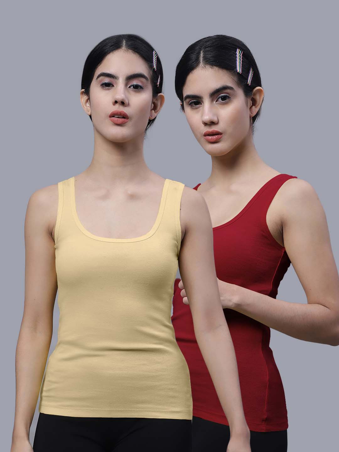 

FBAR Pack Of 2 Skin Friendly Bio Wash Scoop Neck Sleeveless Cotton Tank Tops, Beige