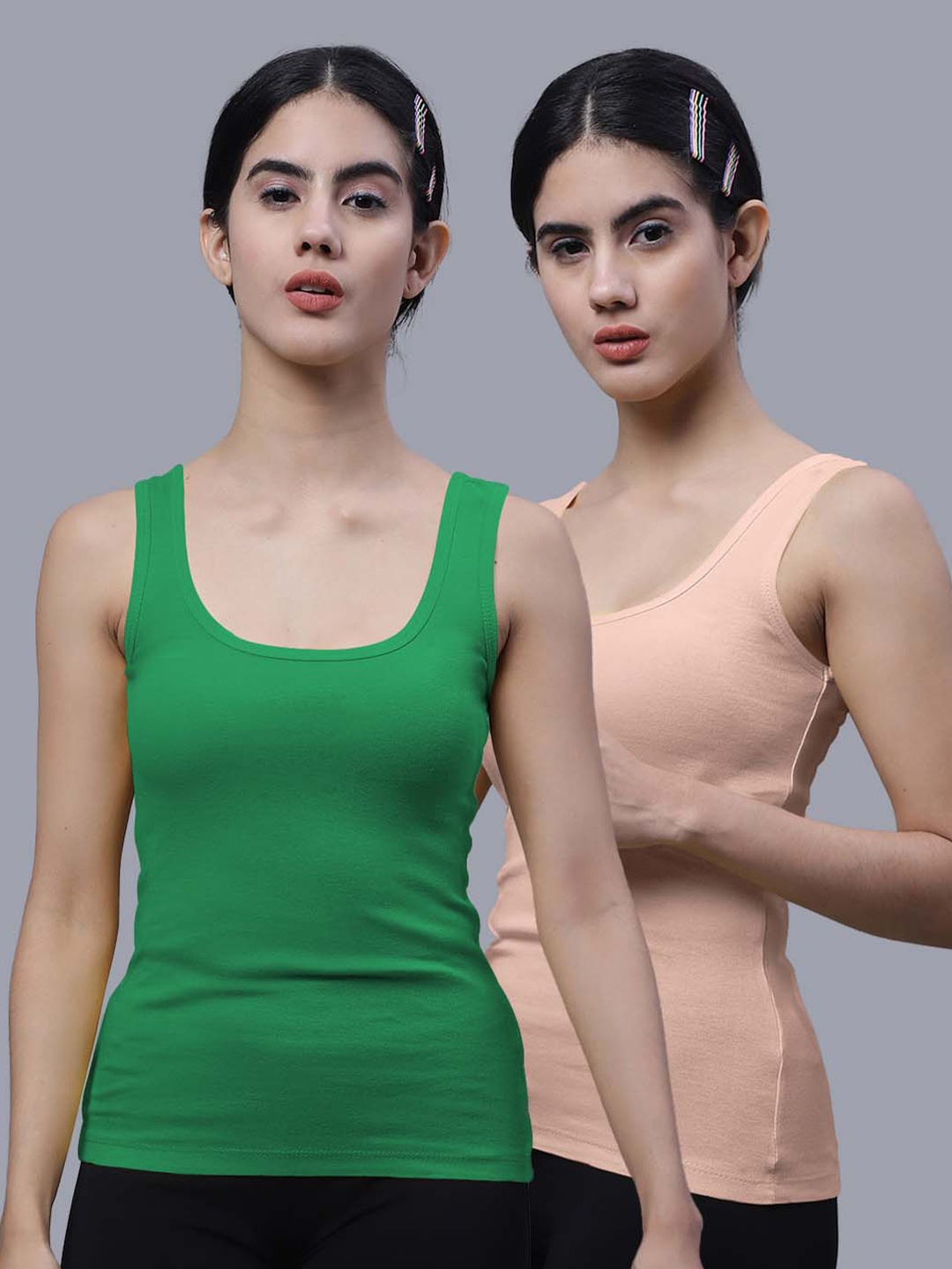 

FBAR Pack Of 2 Skin Friendly Bio Wash Scoop Neck Sleeveless Cotton Tank Tops, Green