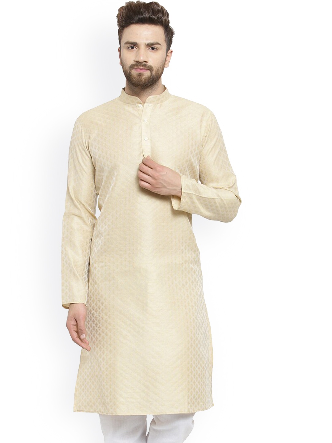 

TREEMODA Mandarin Collar Ethnic Motifs Woven Design Straight Kurta, Beige
