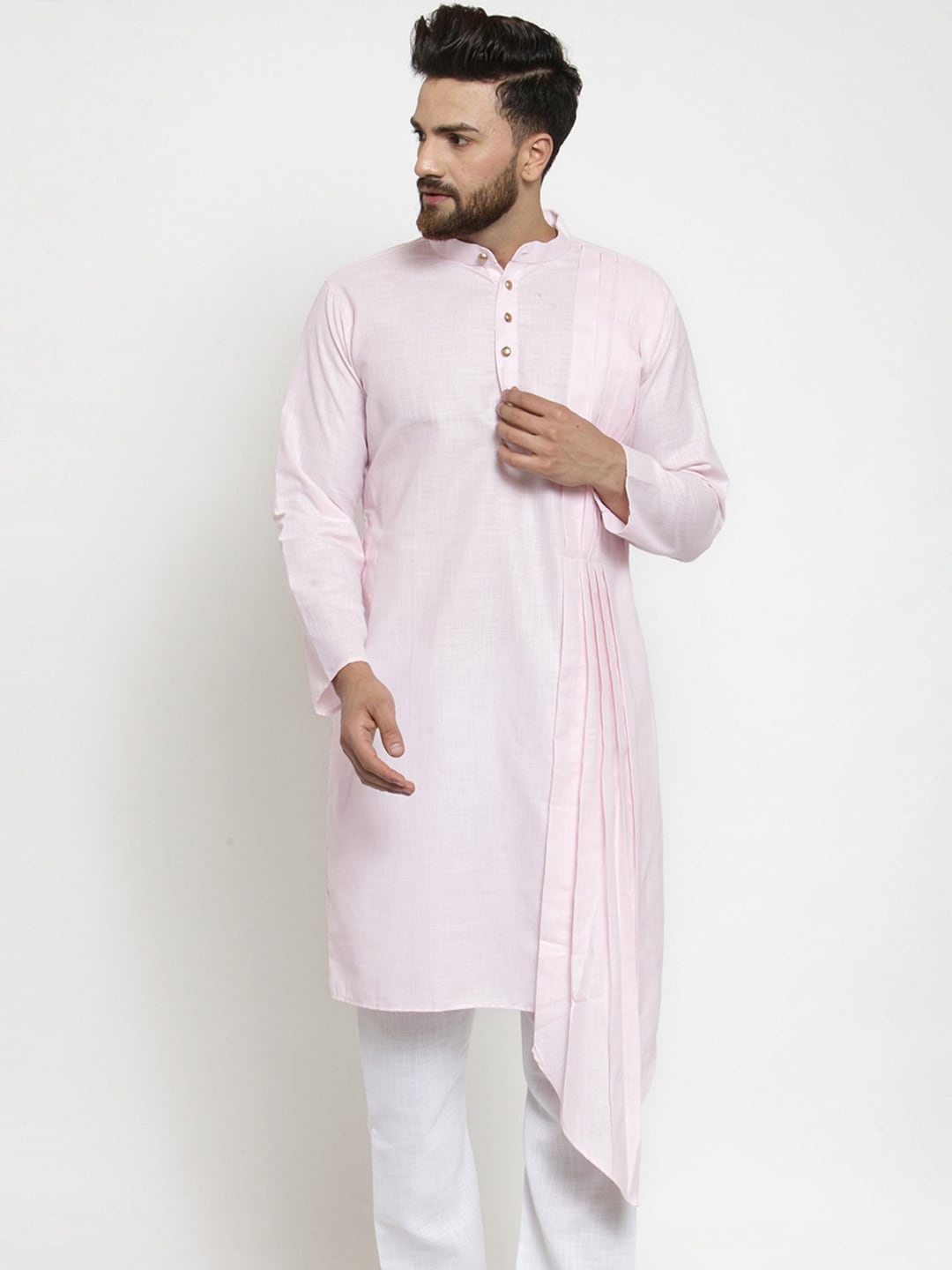 

TREEMODA Band Collar Pleated A-Line Kurta, Pink