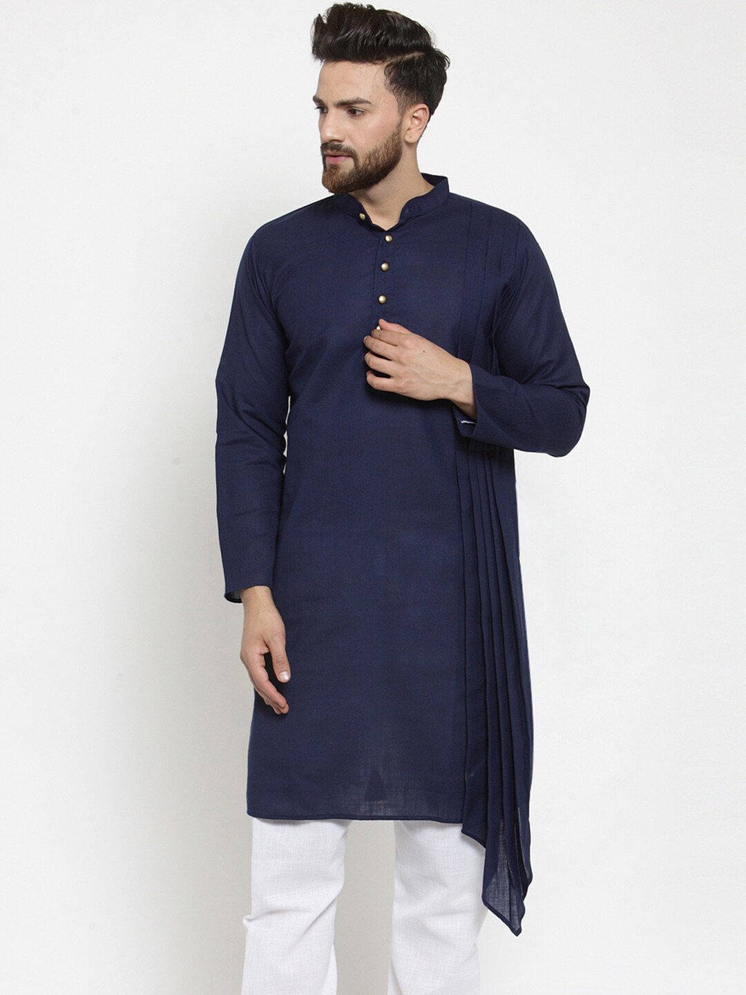 

TREEMODA Band Collar Pleated A-Line Kurta, Navy blue
