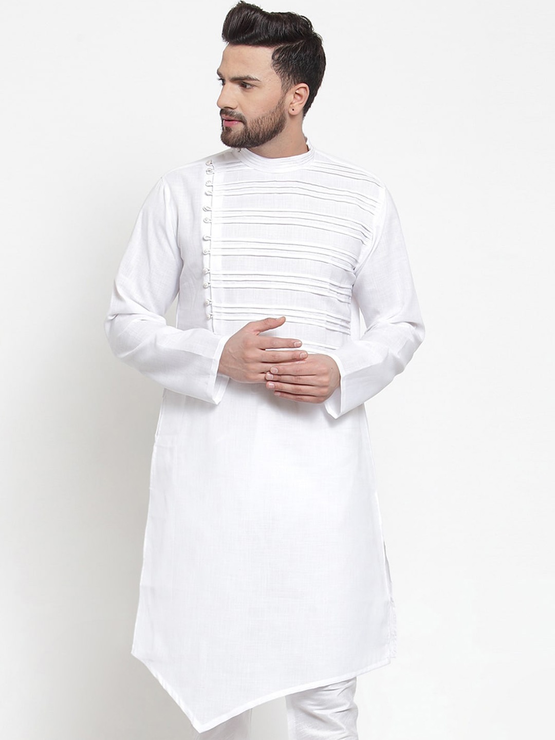 

TREEMODA Mandarin Collar Asymmetric Hem Kurta, White