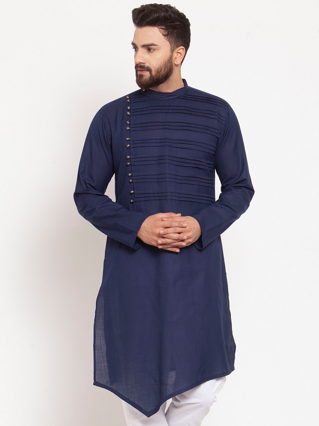 

TREEMODA Mandarin Collar Asymmetric Hem Kurta, Navy blue