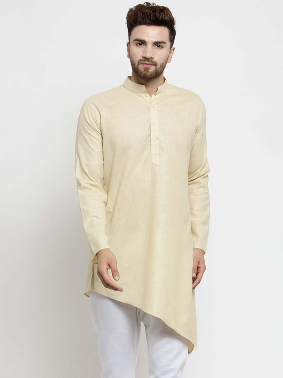 

TREEMODA Mandarin Collar Asymmetric Hem Kurta, Beige