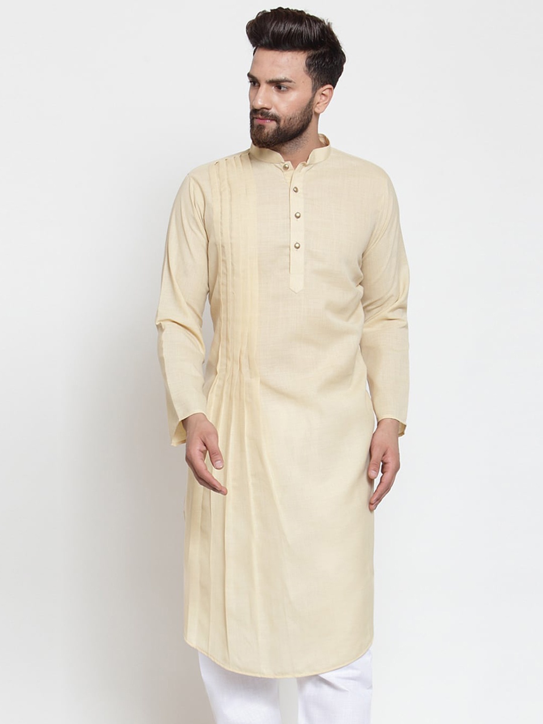

TREEMODA Mandarin Collar Pleated Kurta, Beige