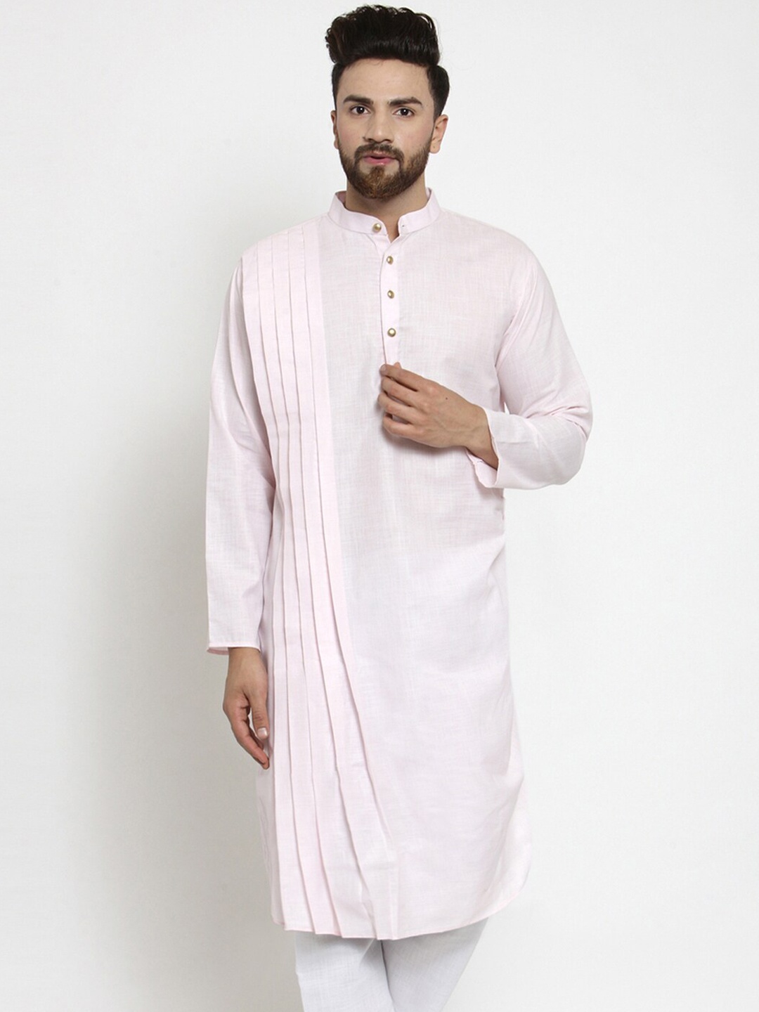 

TREEMODA Mandarin Collar Pleated Kurta, Pink