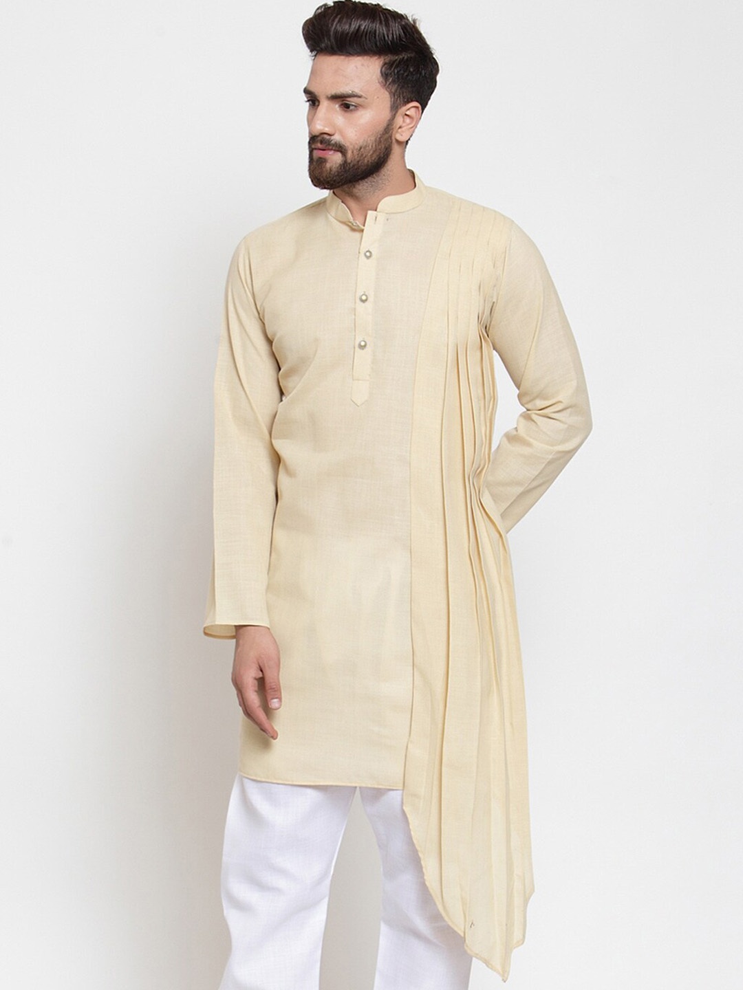 

TREEMODA Mandarin Collar Asymmetric Hem Kurta, Beige