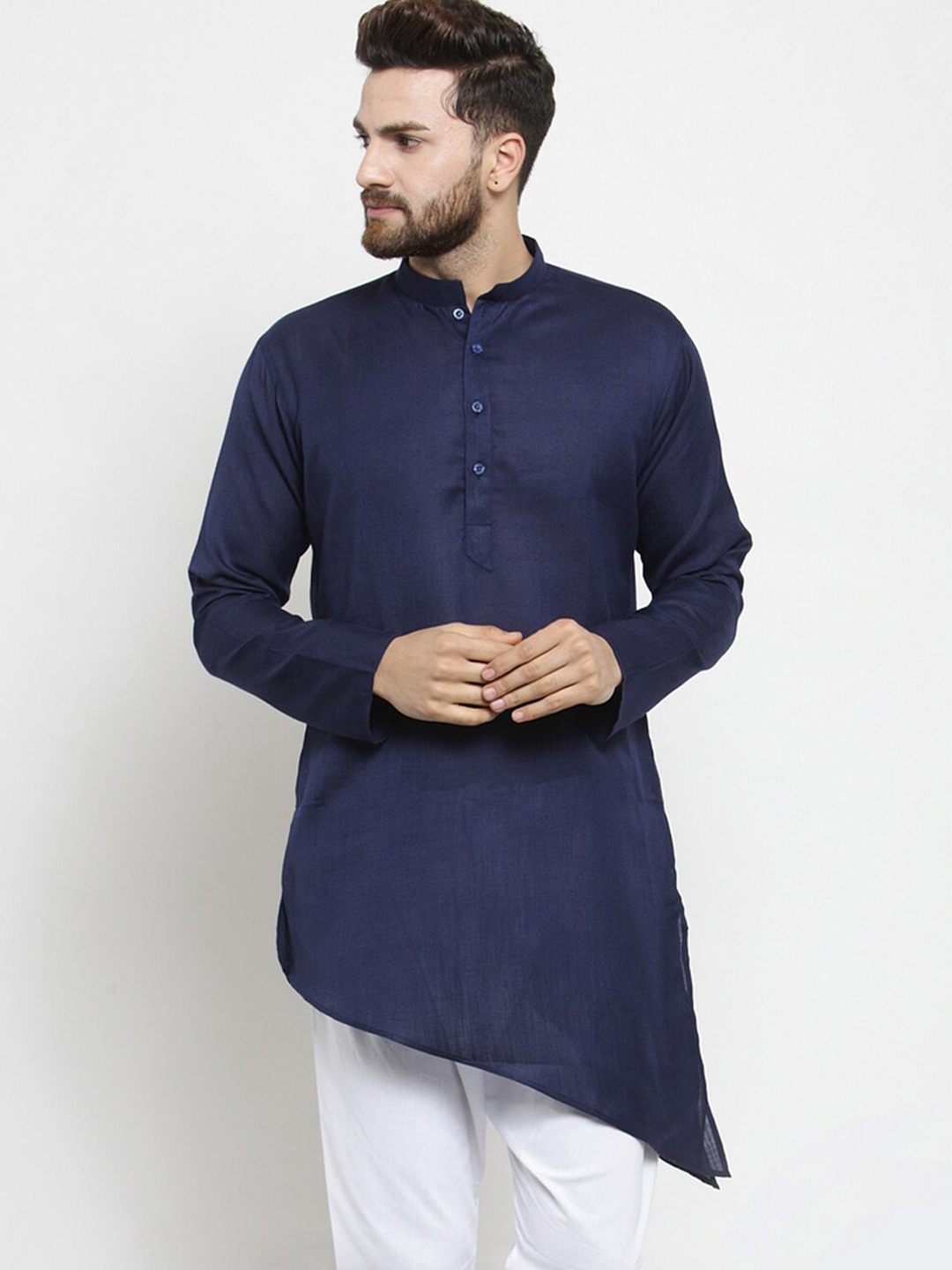 

TREEMODA Mandarin Collar Asymmetric Hem Kurta, Navy blue