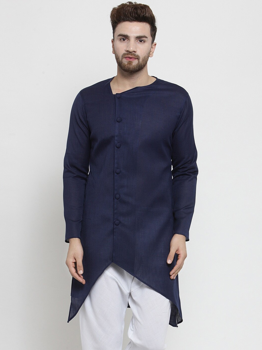 

TREEMODA V-Neck Asymmetric Hem Kurta, Navy blue