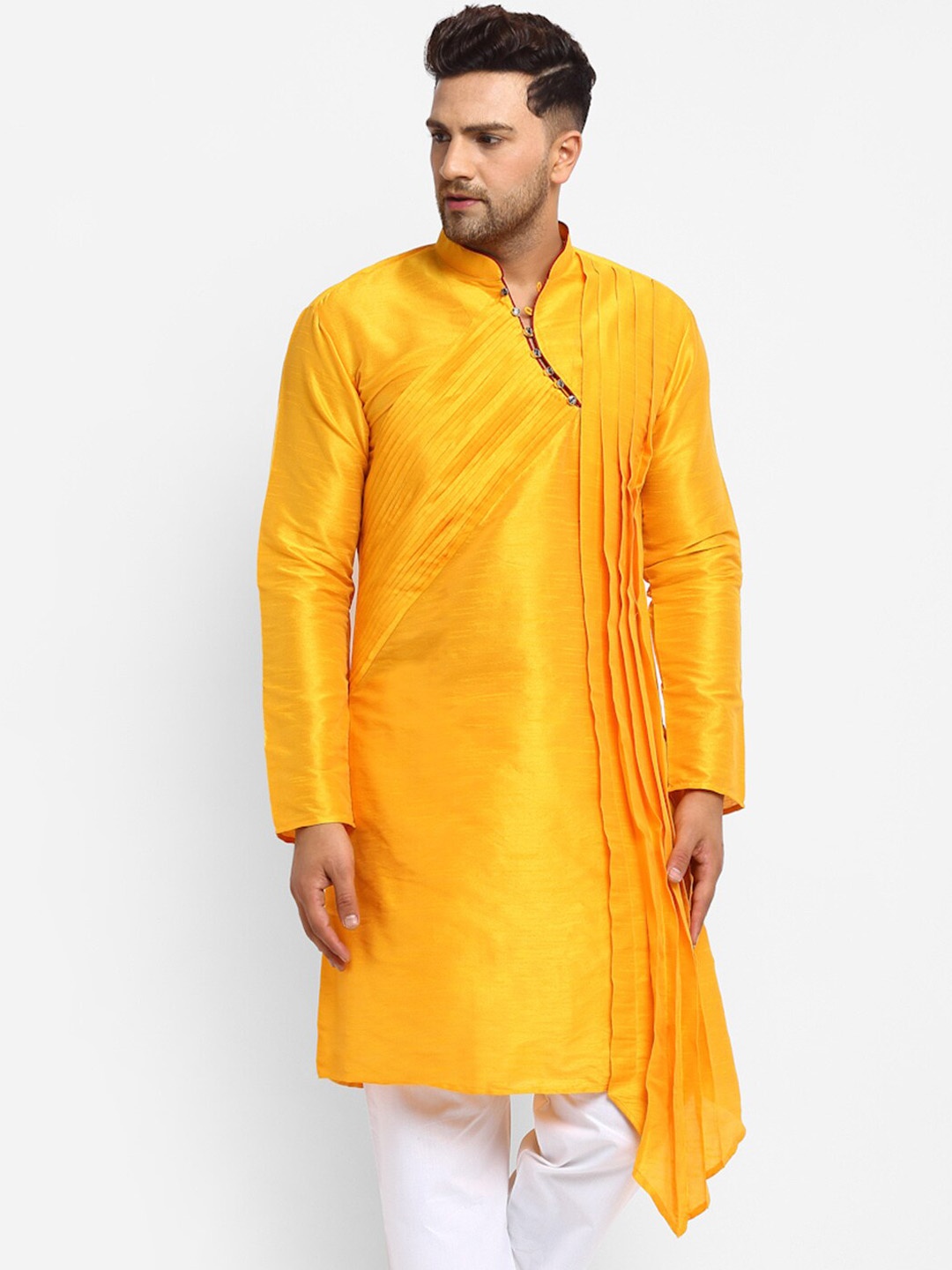 

TREEMODA Mandarin Collar Pleated Asymmetric Cotton Kurta, Yellow