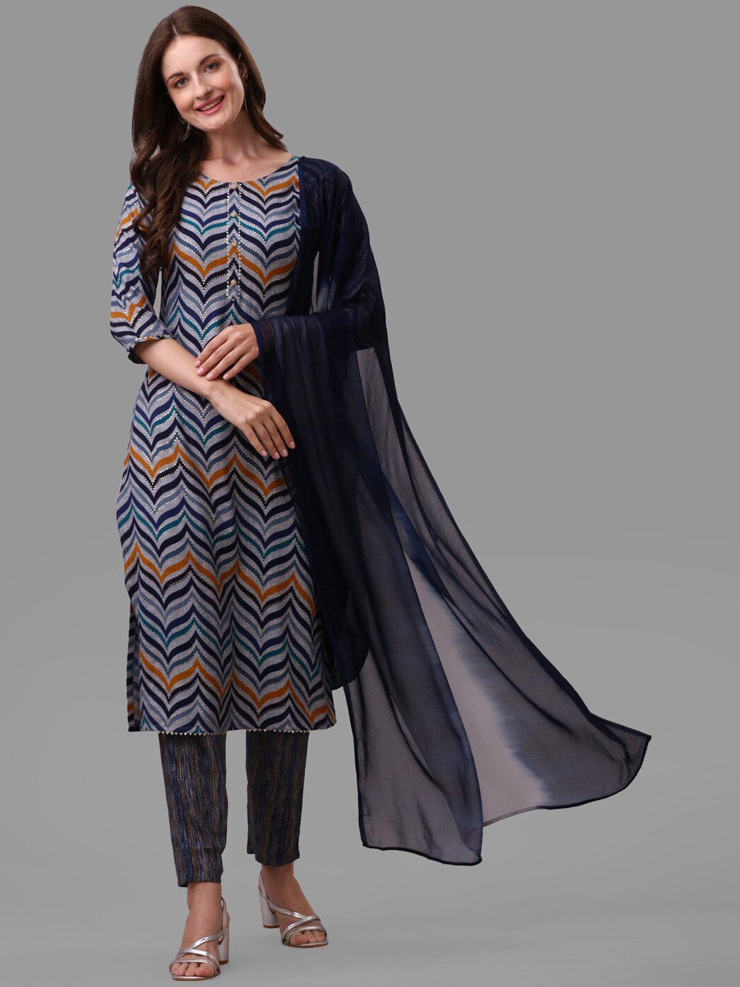 

Berrylicious Ethnic Motifs Printed Gotta Patti Kurta with Trousers & With Dupatta, Navy blue