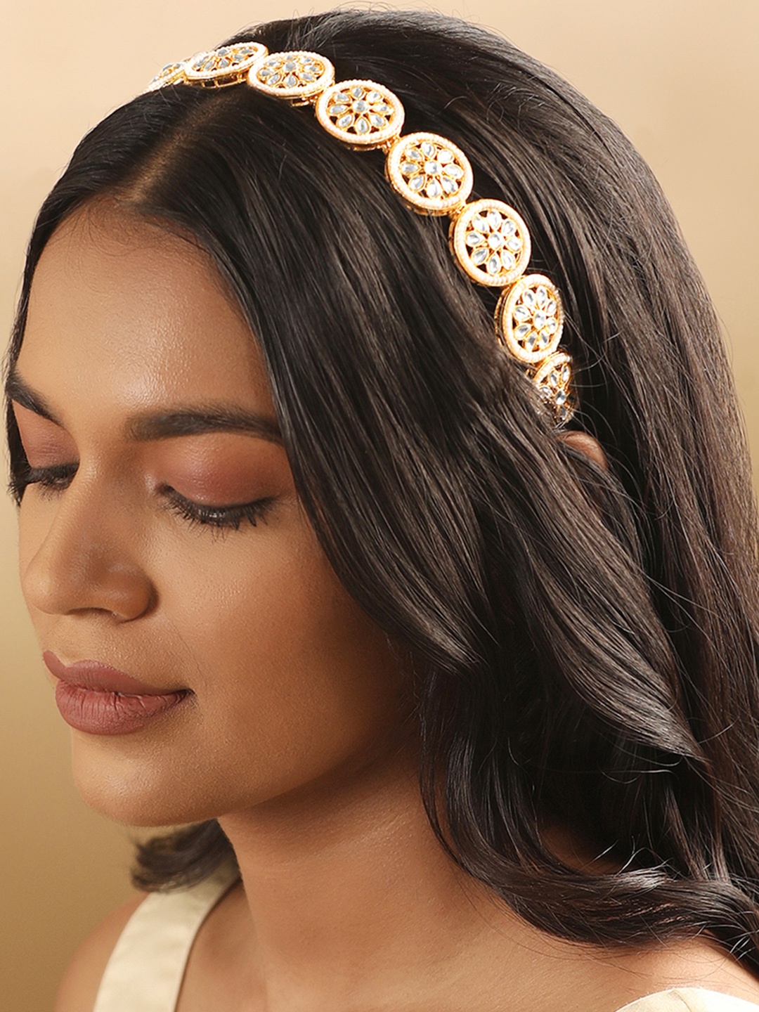 

Rubans Women Kundan Studded & Beaded Hairband, Gold
