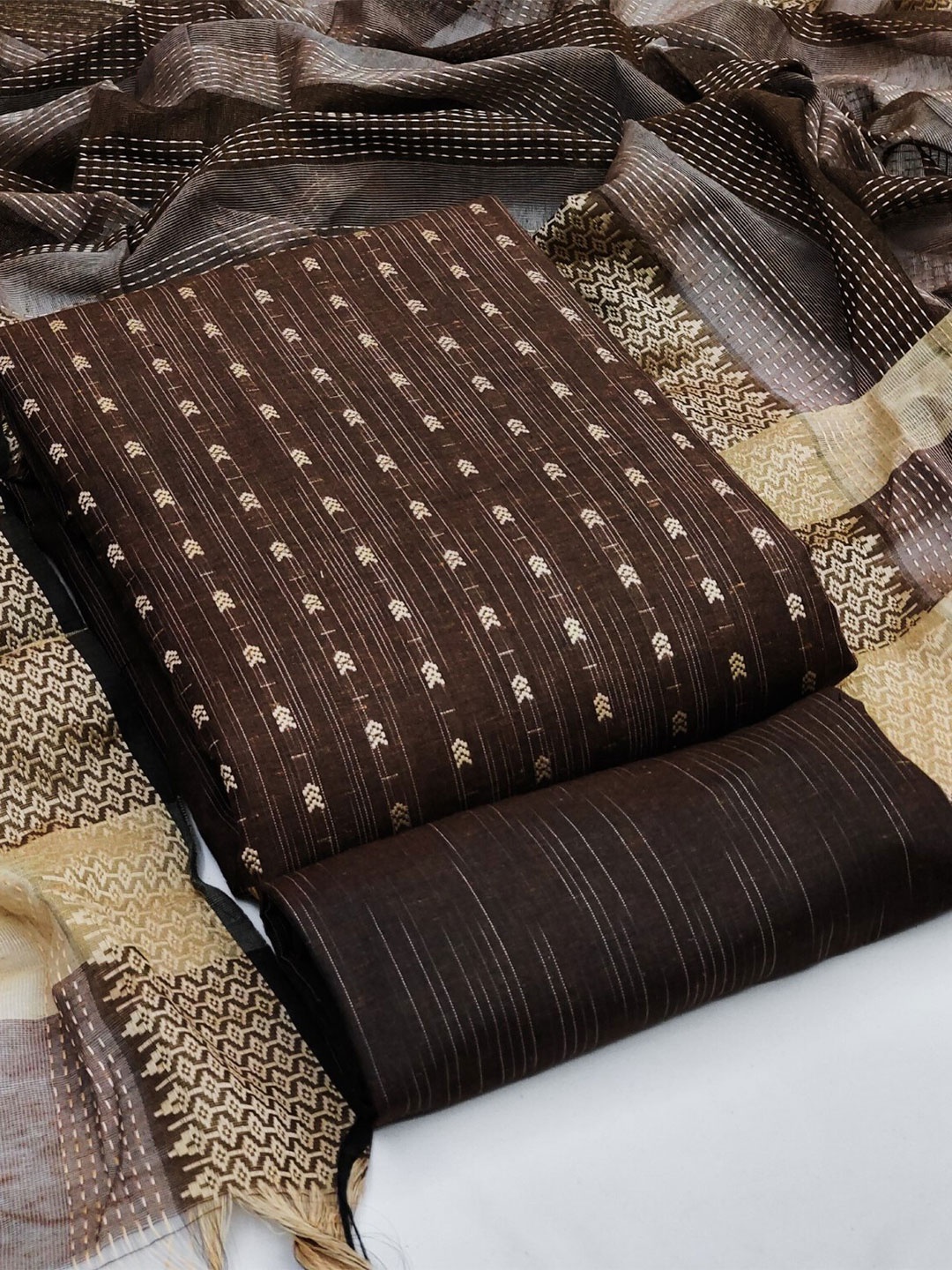 

KALINI Ethnic Motifs Woven Design Unstitched Dress Material, Brown