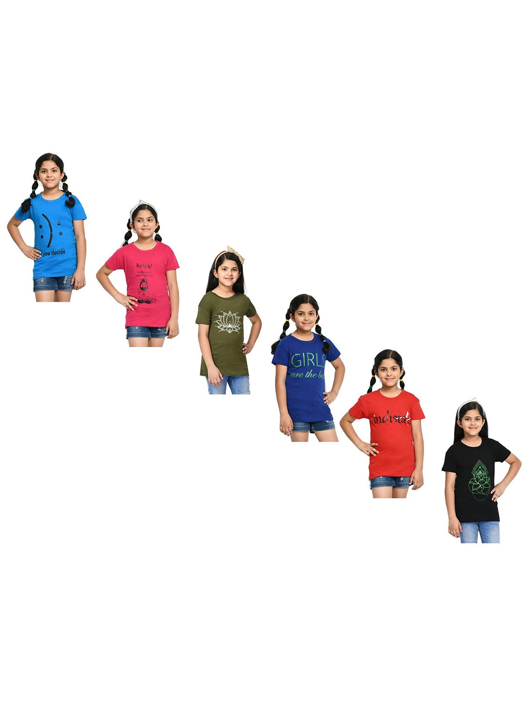 

BAESD Girls Pack Of 6 Printed Cotton T-shirts, Blue