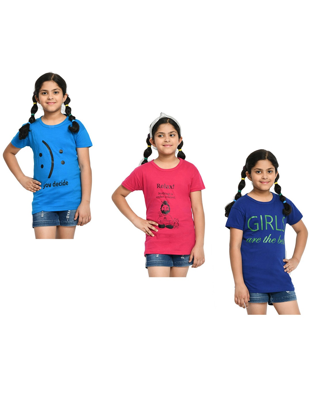 

BAESD Girls Pack of 3 Typography Printed Cotton T-shirts, Blue