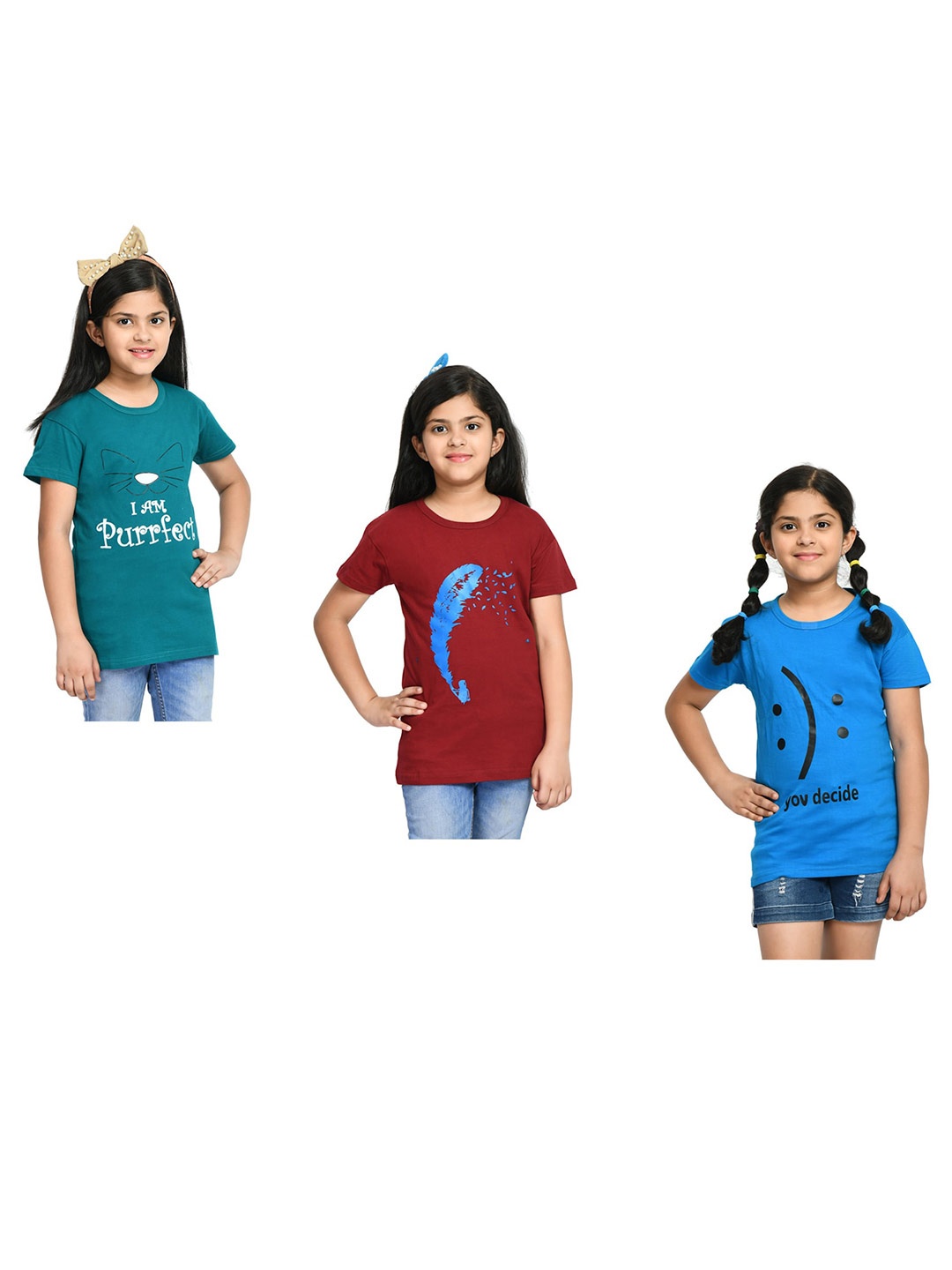 

BAESD Girls Pack Of 3 Printed Short Sleeves Cotton T-shirt, Blue