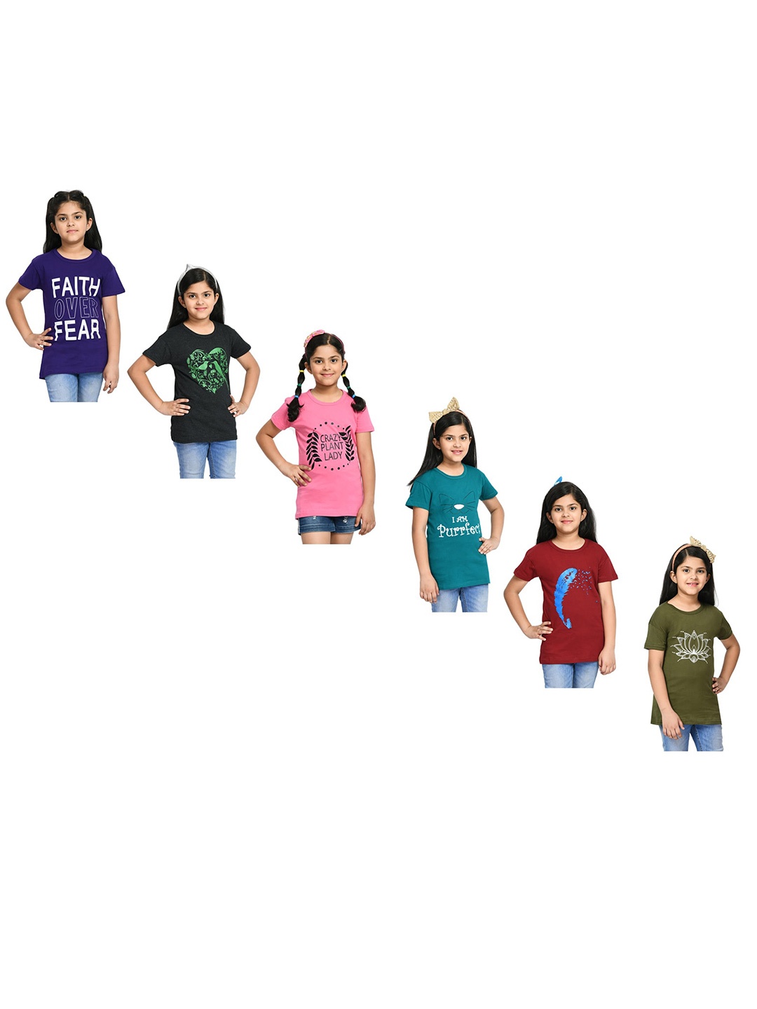 

BAESD Girls Pack Of 6 Typography Printed Cotton T-shirt, Blue