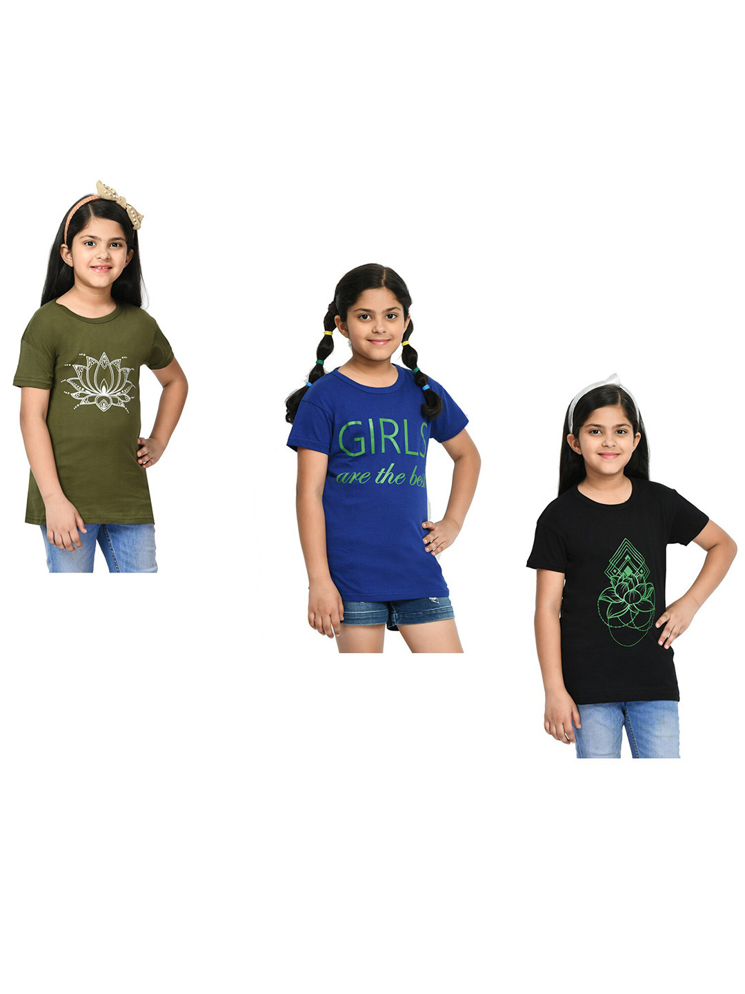 

BAESD Girls Pack Of 3 Graphic Printed Cotton T-shirt, Green