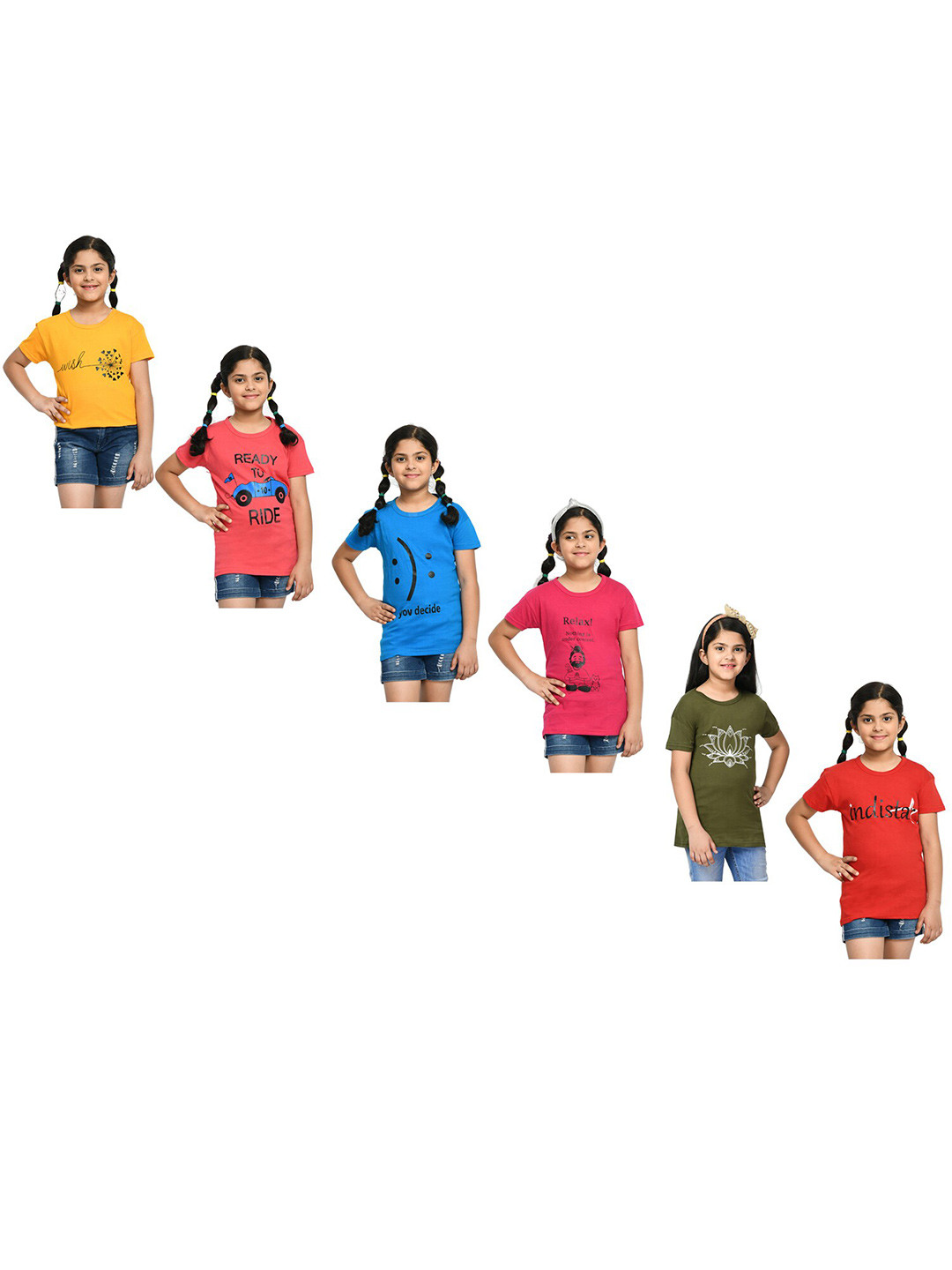 

BAESD Girls Pack Of 6 Graphic Printed Cotton T-Shirts, Yellow