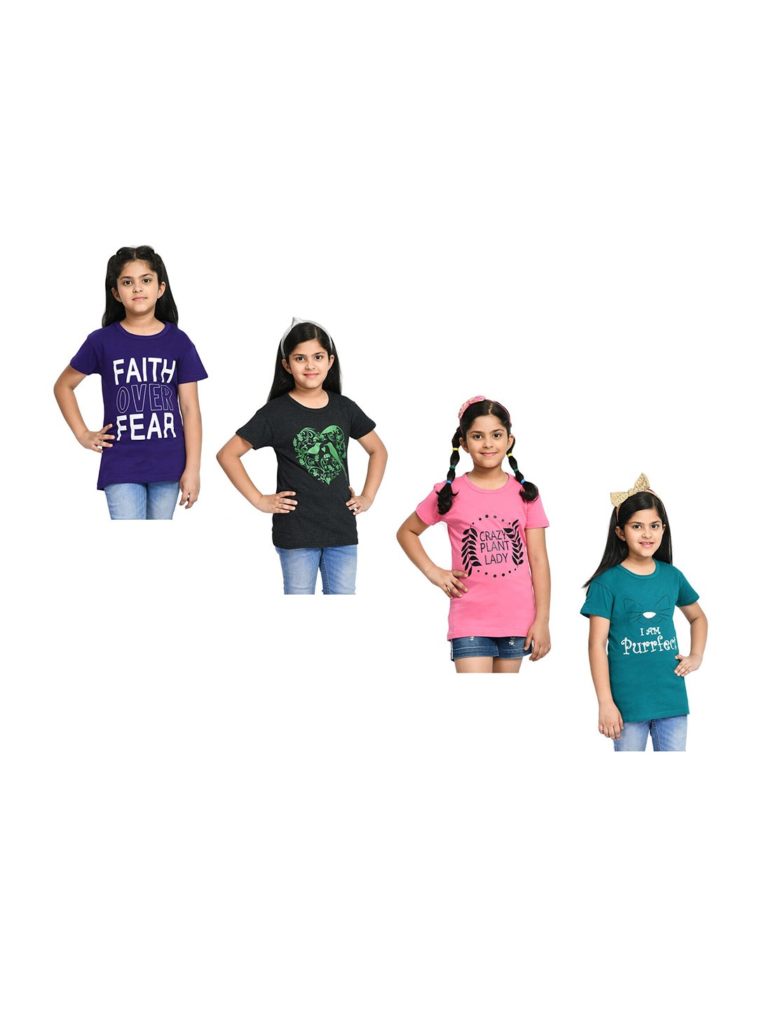 

BAESD Girls Pack Of 4 Typography Printed Round Neck Cotton T-shirt, Blue