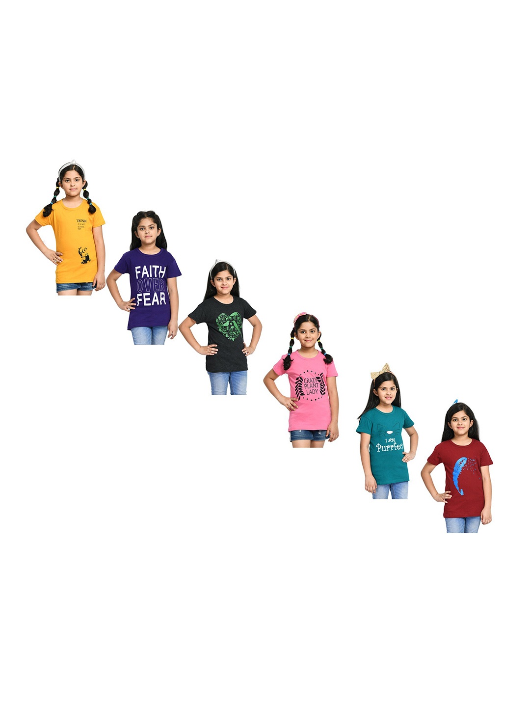 

BAESD Girls Pack Of 6 Printed Cotton T-shirts, Yellow