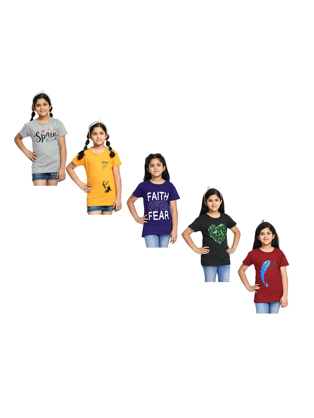 

BAESD Girls Pack Of 5 Typography Printed Cotton T-shirt, Blue