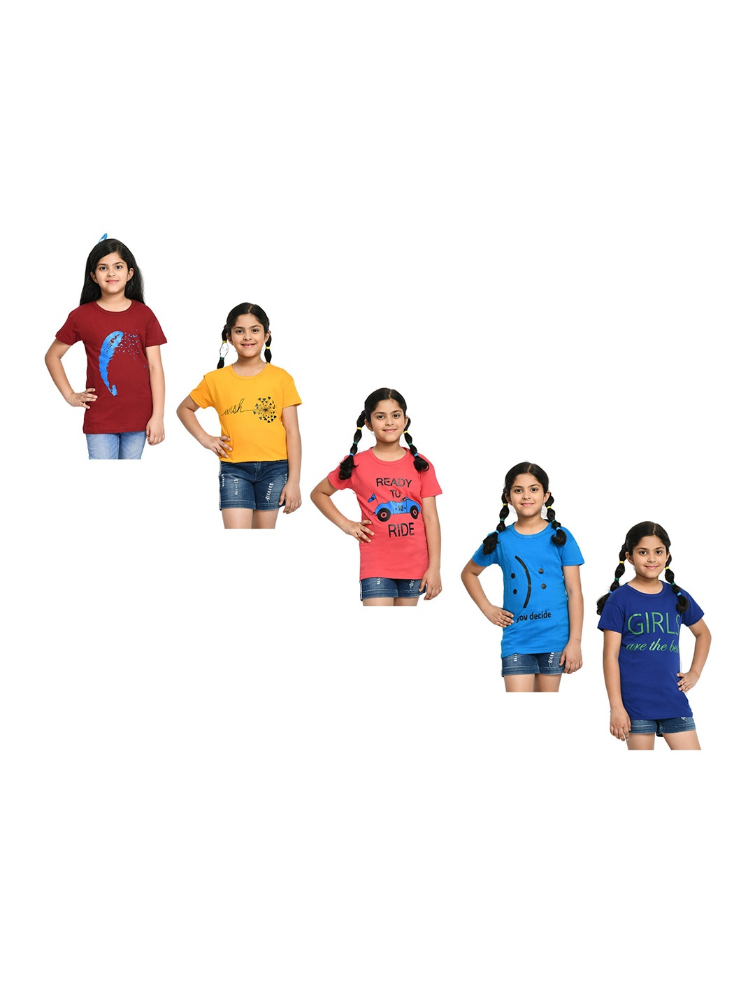 

BAESD Girls Pack Of 5 Printed Cotton T-shirts, Maroon