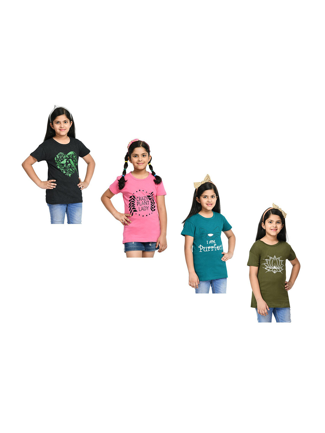 

BAESD Girls Pack Of 4 Graphic Printed Cotton T-shirts, Olive