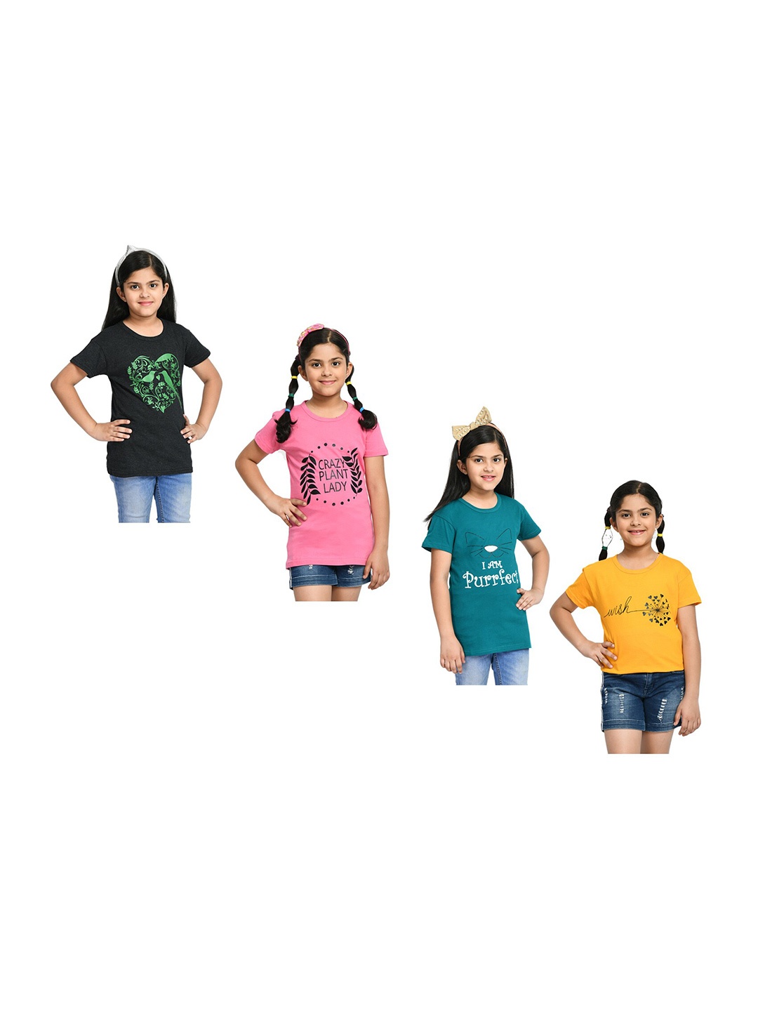 

BAESD Girls Pack Of 4 Graphic Printed Cotton T-shirts, Yellow